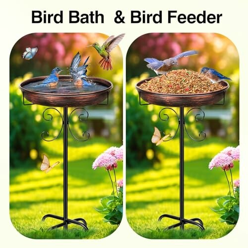 Bird bath and bird feeder in a garden setting with birds and butterflies.