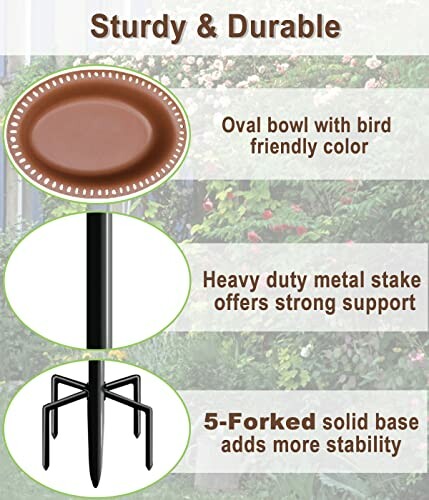 Description of bird bath with metal stake and base.