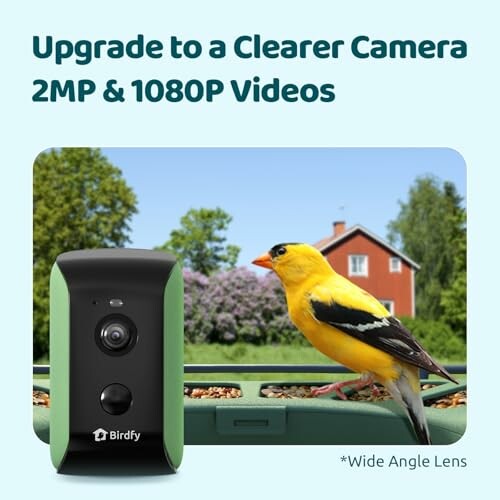 Camera with a bird perched near a house, promoting 2MP and 1080P video quality.