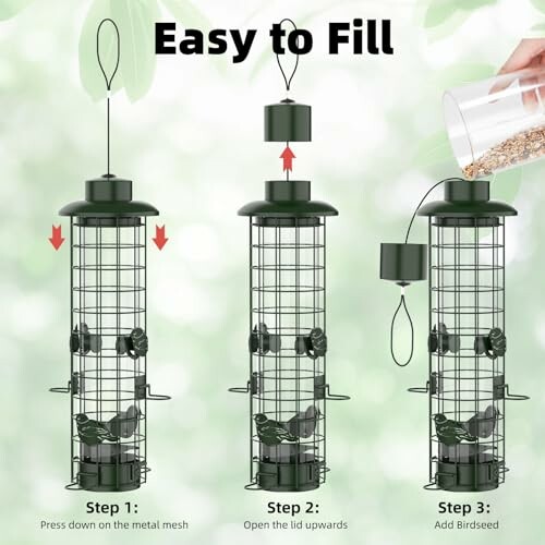 Instructions showing how to fill a bird feeder in three steps.