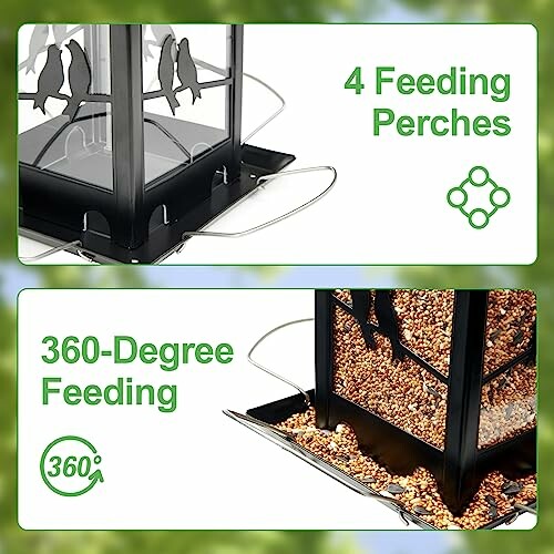 Bird feeder with four feeding perches and 360-degree feeding design.