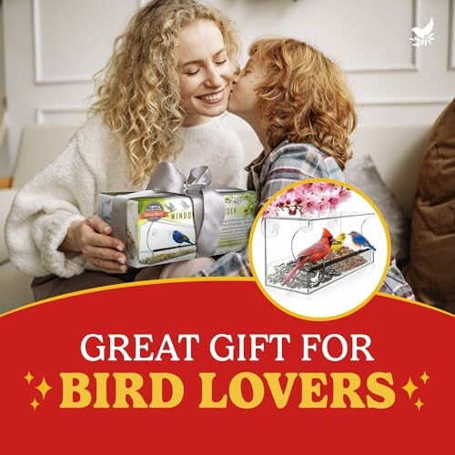 Child giving a gift to a woman, featuring a bird feeder, captioned 'Great Gift for Bird Lovers'.