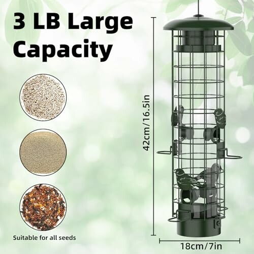 Large capacity bird feeder with seed options and dimensions.
