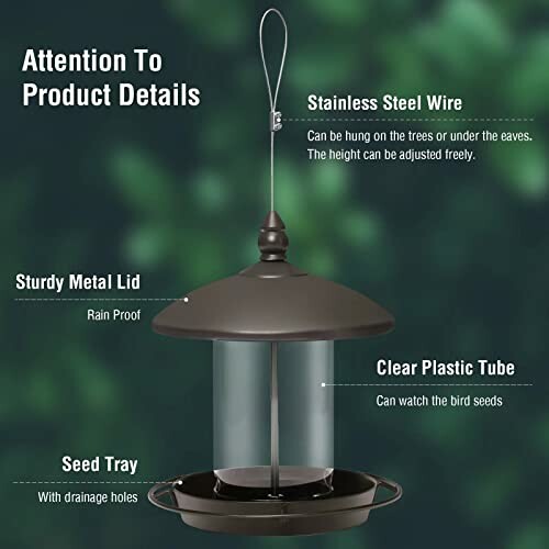 Bird feeder with stainless steel wire, metal lid, clear plastic tube, and seed tray.