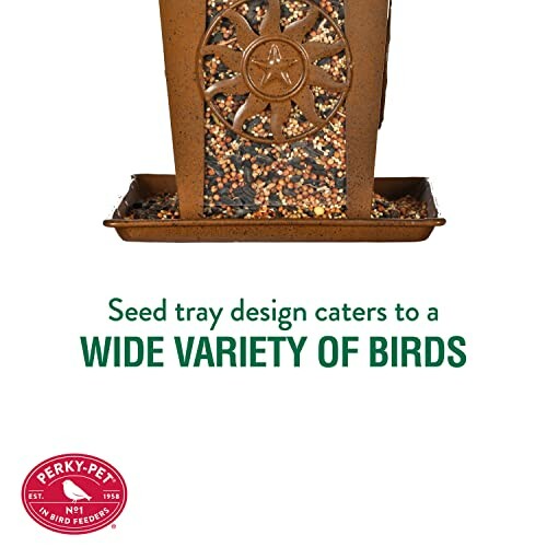 Seed tray bird feeder with mixed seeds and Perky-Pet logo.