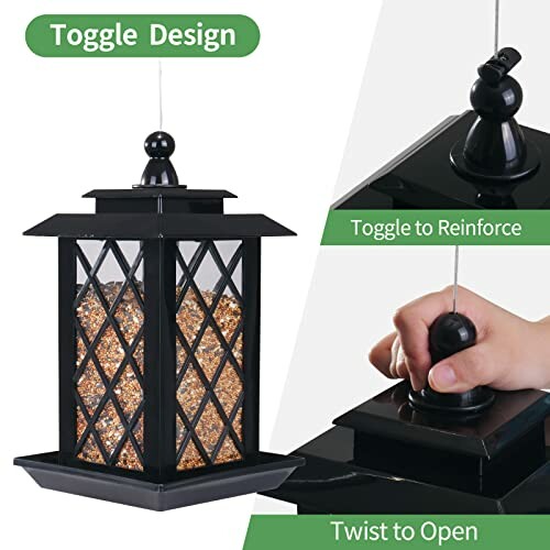 Black bird feeder with toggle design and twist to open feature.