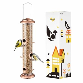 Bird feeder with two birds and packaging box.