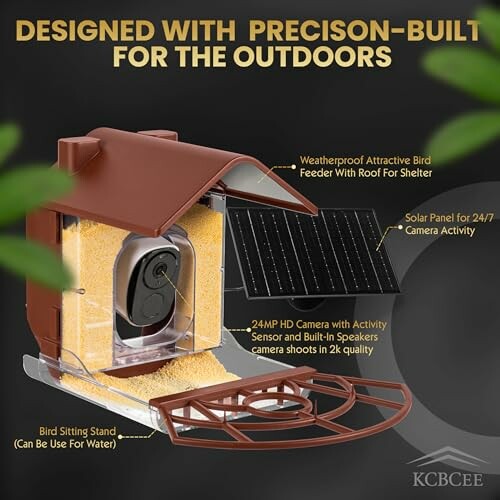 Bird feeder with camera and solar panel for outdoor use.