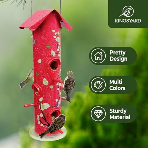 Red bird feeder with sparrows, featuring pretty design, multi colors, and sturdy material.