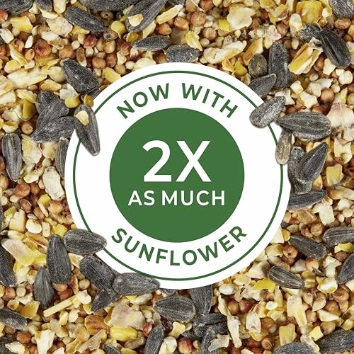 Close-up of bird seed mix with sunflower seeds and a label indicating '2x as much sunflower'.