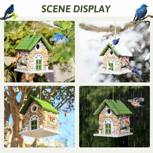 Four images showing a birdhouse in different seasons with birds flying nearby