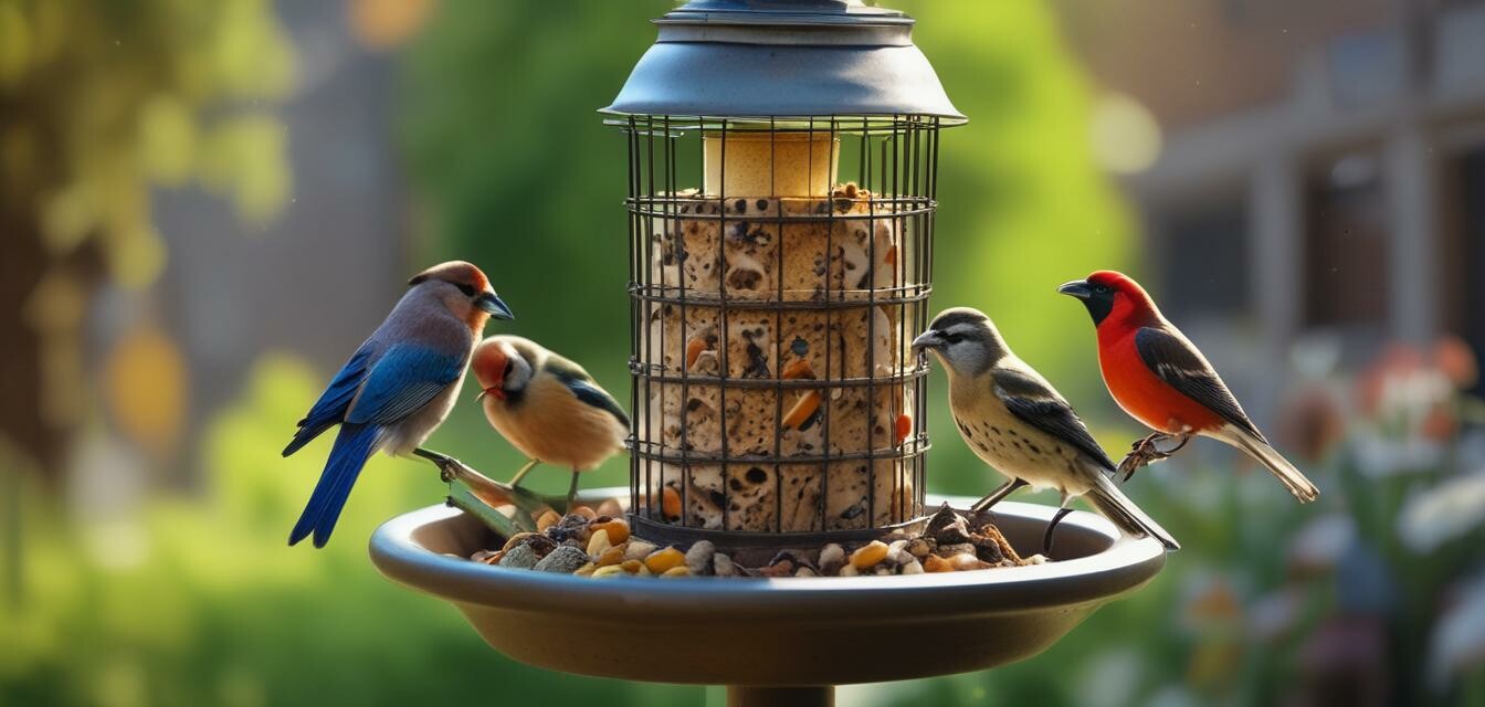 Birds feeding at various feeders