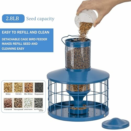 Blue bird feeder with seed capacity, detachable cage design.