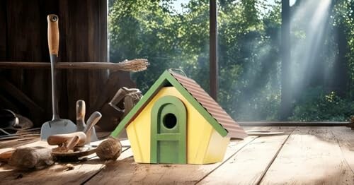 Colorful birdhouse on wooden floor with gardening tools