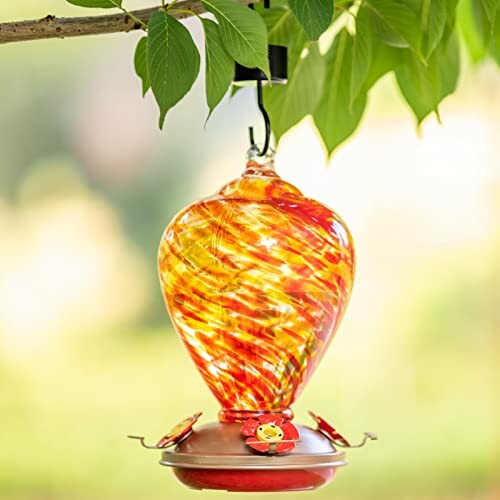 Colorful glass hummingbird feeder hanging from a tree branch.