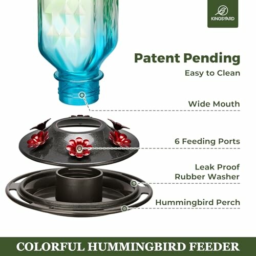 Colorful hummingbird feeder with wide mouth and six feeding ports, easy to clean.