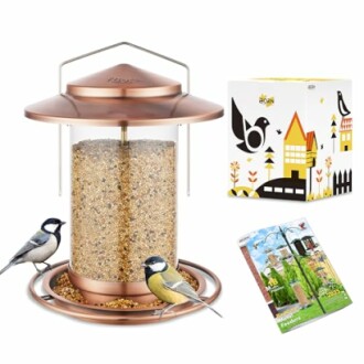 Copper bird feeder with two small birds, packaging box, and instructions.