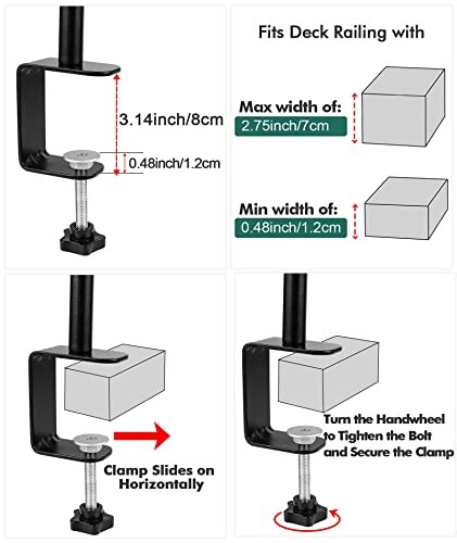 Diagram showing adjustable deck railing clamp with dimensions.