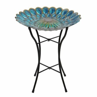 Blue and green decorative bird bath with metal stand