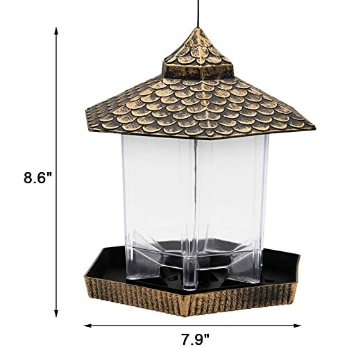 Hexagonal decorative bird feeder with a shingled roof design.