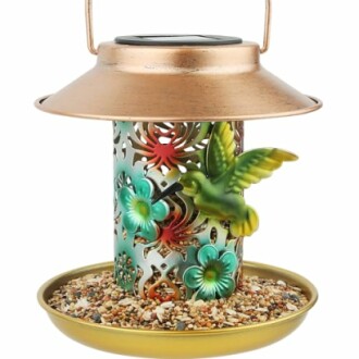 Decorative bird feeder with hummingbird design and seeds.