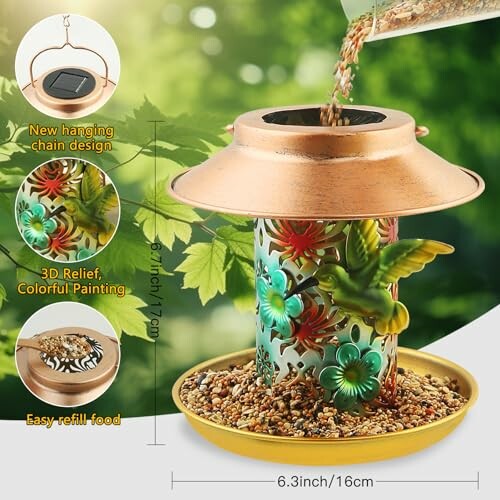 Decorative bird feeder with colorful floral design and solar panel.