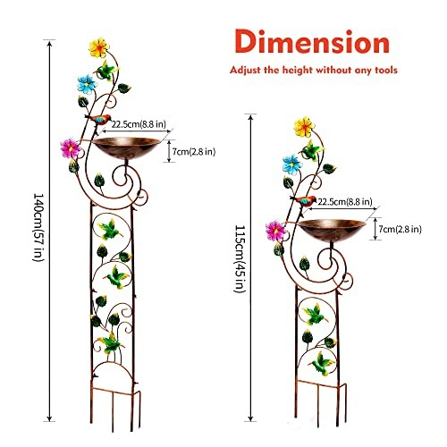 Decorative flower birdbath stand with dimensions.