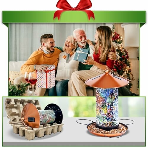 Family exchanging gifts with decorative bird feeder