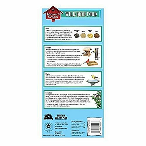 Back label of Farmer's Delight Wild Bird Food package with instructions and feeding tips.