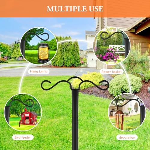 Multi-use garden hook with hang lamp, flower basket, bird feeder, and decoration options.