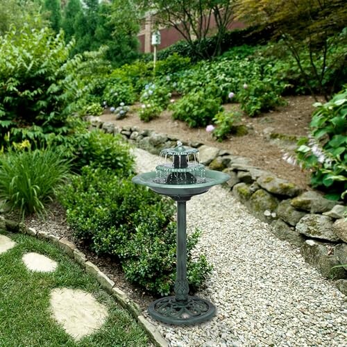 Garden path with a decorative water fountain