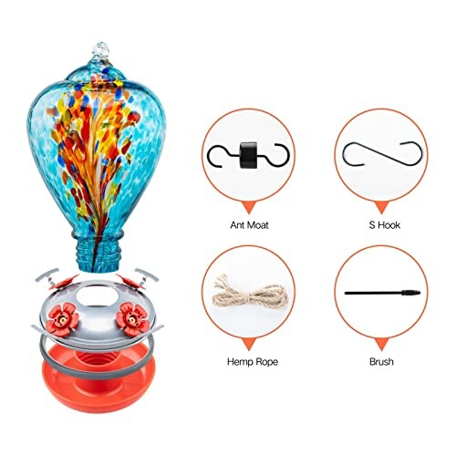 Colorful glass hummingbird feeder with accessories including ant moat, S hook, hemp rope, and brush.