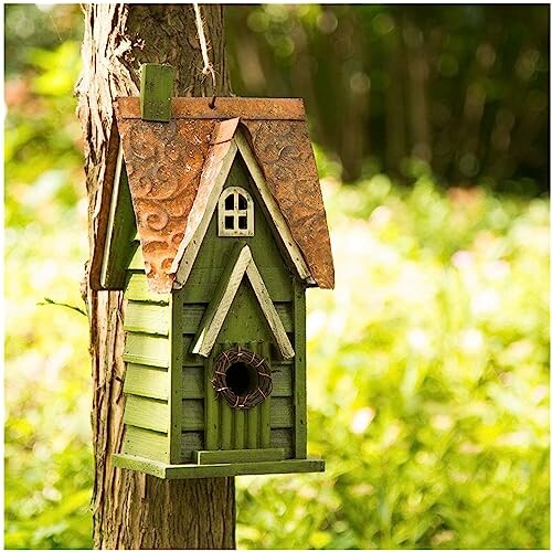 Green birdhouse attached to a tree trunk