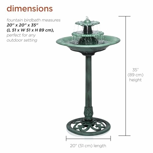 Green garden fountain birdbath with dimensions and water feature.