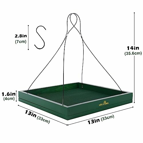 Green hanging bird feeder with dimensions and S hook.