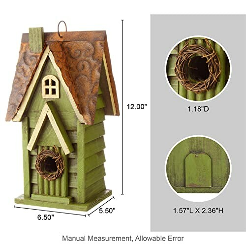 Green wooden birdhouse with dimensions and design details.