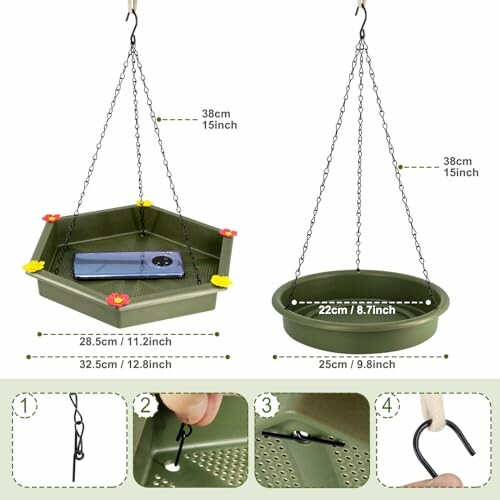 Two types of hanging bird feeders with dimensions and assembly instructions.