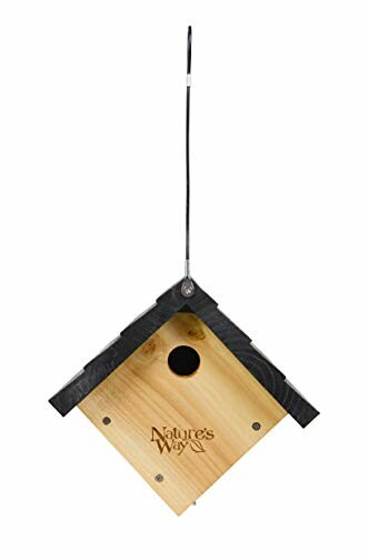 Hanging wooden birdhouse with Nature's Way logo