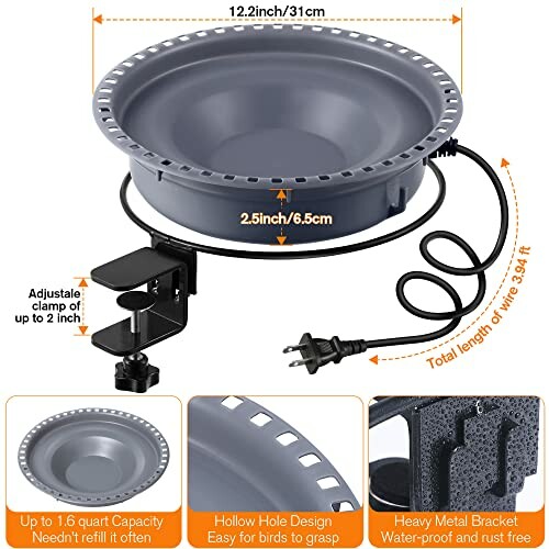 Heated bird bath bowl with adjustable clamp and features.