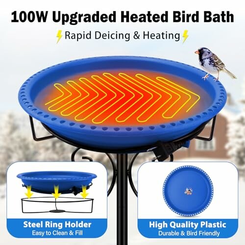 100W upgraded heated bird bath with rapid deicing and heating features.