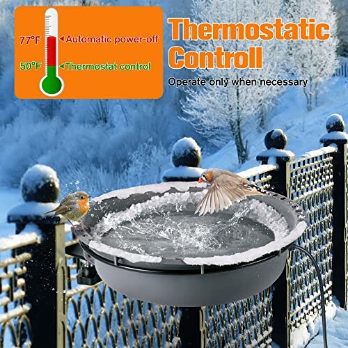 Heated bird bath on a snowy fence with birds and a thermostat control display.