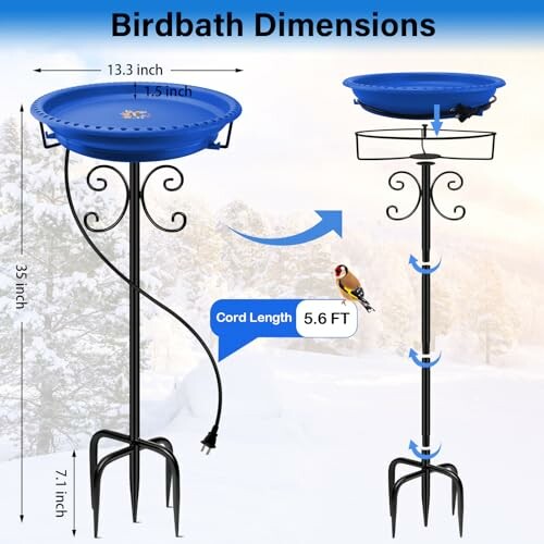 Dimensions and features of a heated birdbath with a blue basin and black stand.