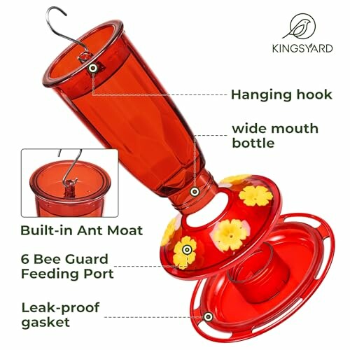 Diagram of a red hummingbird feeder with labels for hanging hook, wide mouth bottle, built-in ant moat, 6 bee guard feeding port, and leak-proof gasket.