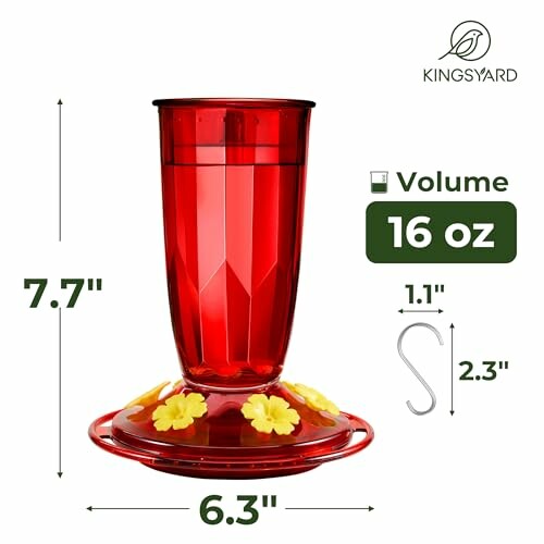 Red hummingbird feeder with dimensions and 16 oz volume capacity.