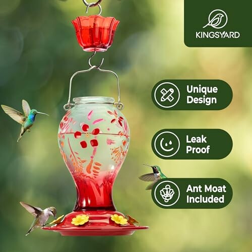 Hummingbird feeder with red liquid, surrounded by hummingbirds.