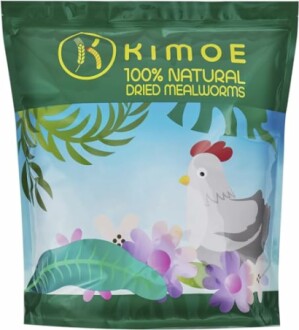 Kimoe 100% natural dried mealworms packaging with chicken illustration.