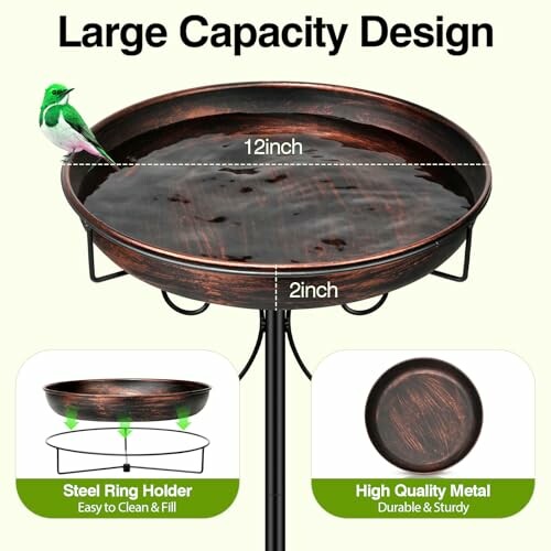 Large capacity bird bath with steel ring holder and high-quality metal.