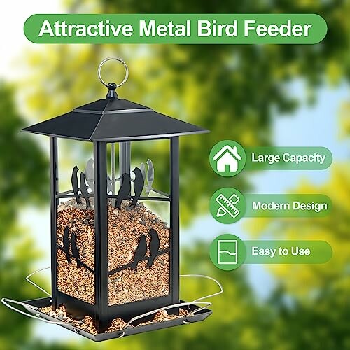 Attractive metal bird feeder with large capacity and modern design.