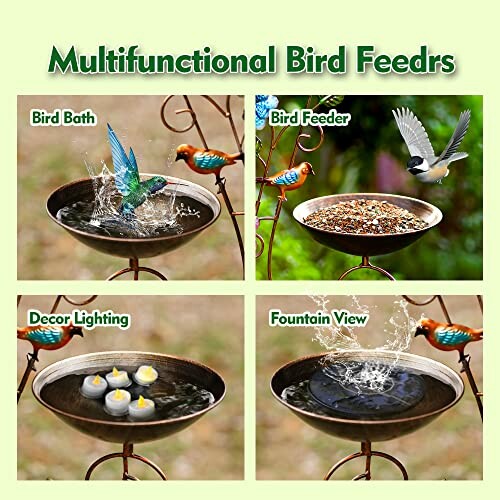 Multifunctional bird feeders with bath, feeder, decor lighting, and fountain view.