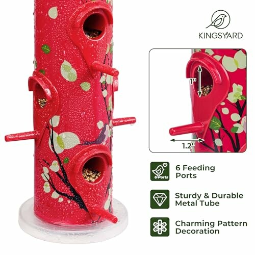 Red bird feeder tube with six feeding ports and floral design.